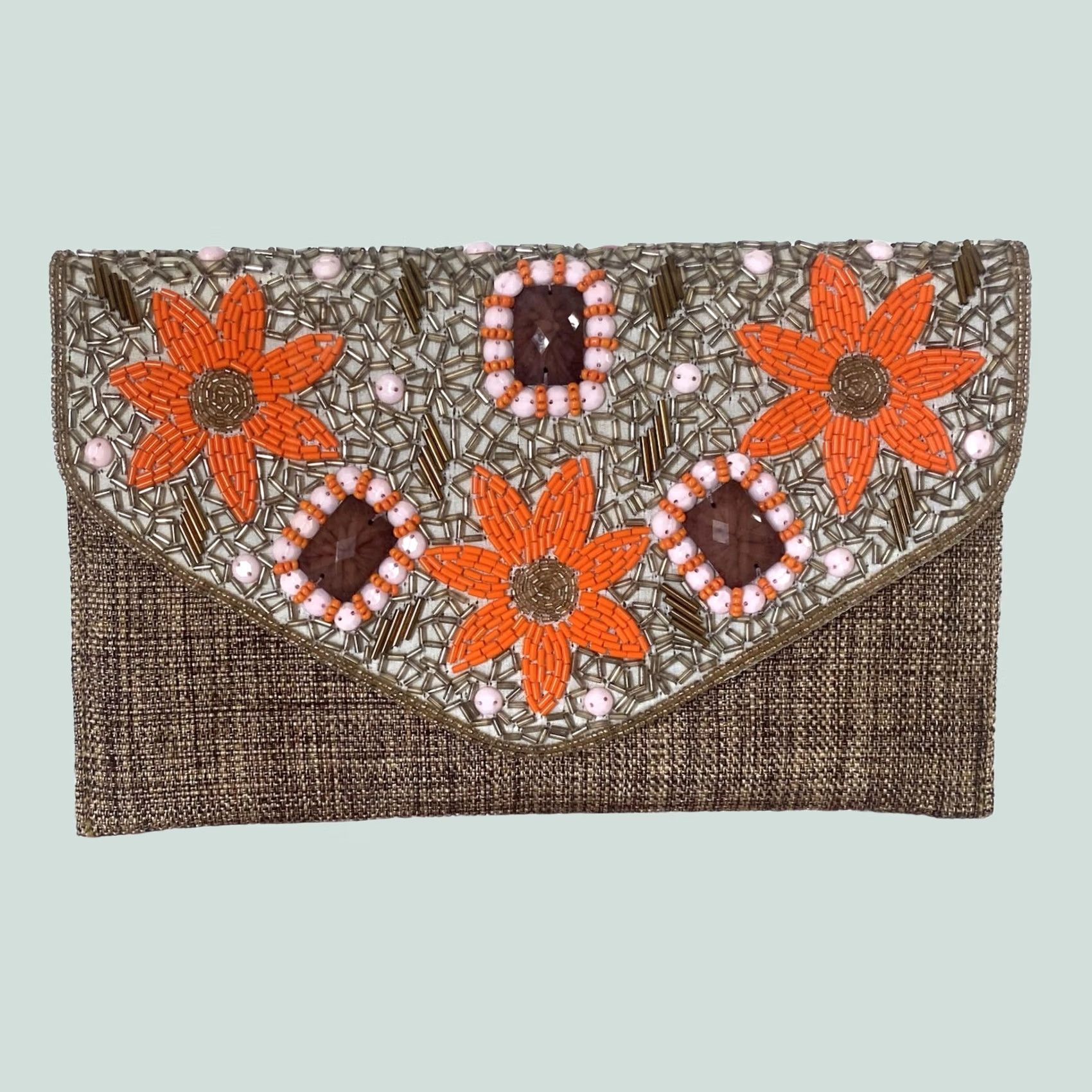 Vintage David Jeffrey Beaded Clutch Purse w/Shoulder Strap Tan Brown Orange Flowers Size ONE SIZE - 1 Thumbnail