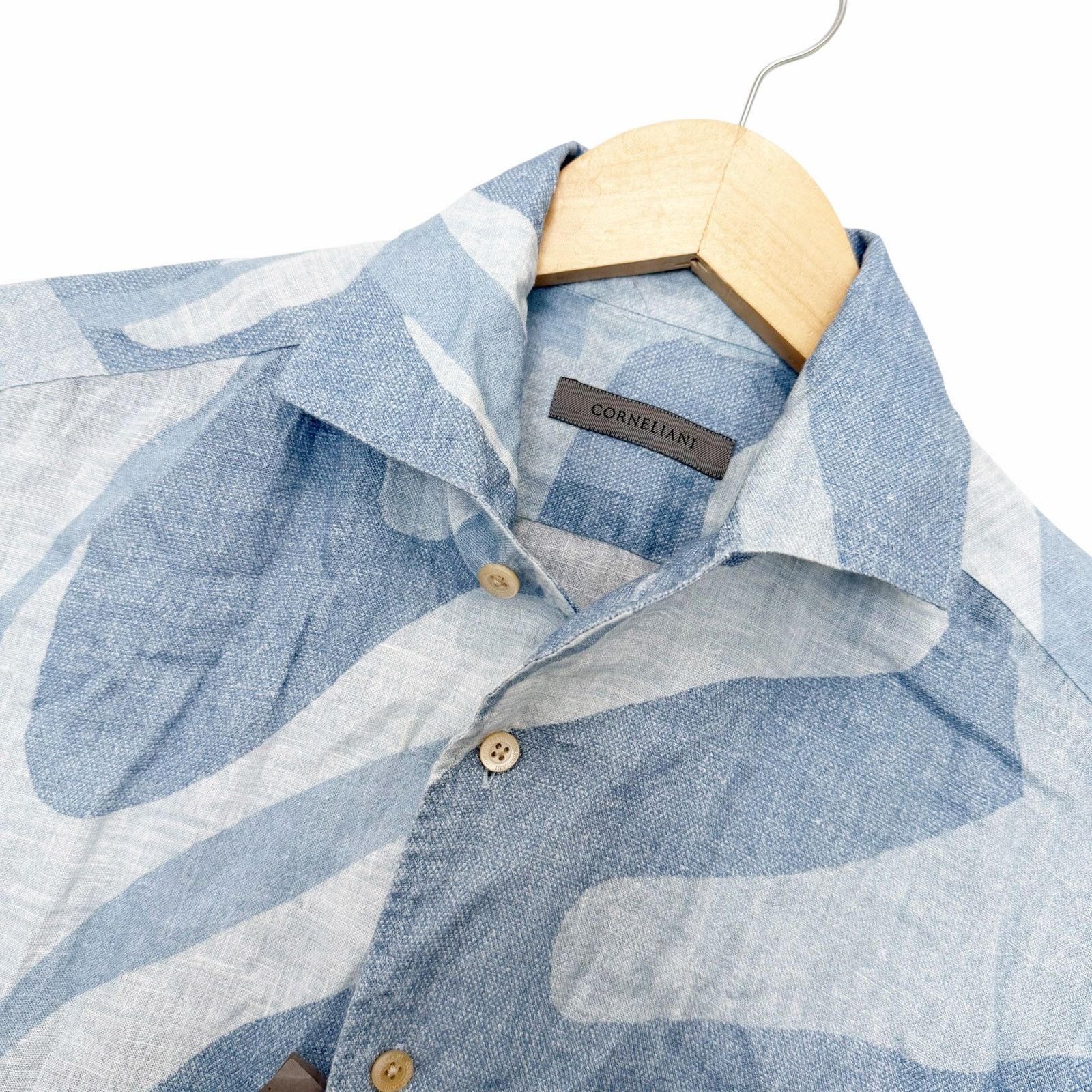Corneliani Corneliani Blue Printed Cotton 100% Linen Button Down 15.5 Size US S / EU 44-46 / 1 - 1 Thumbnail