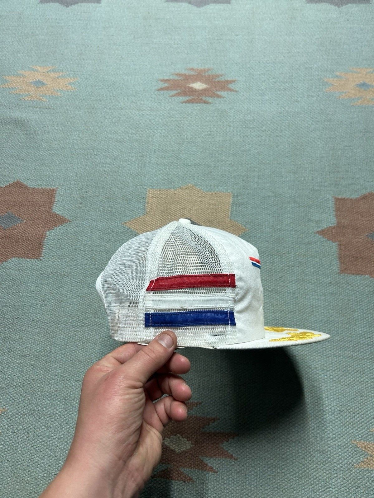 Vintage 80s trucker hat Amoco racing 3 three stripe red white blue Size ONE SIZE - 4 Thumbnail