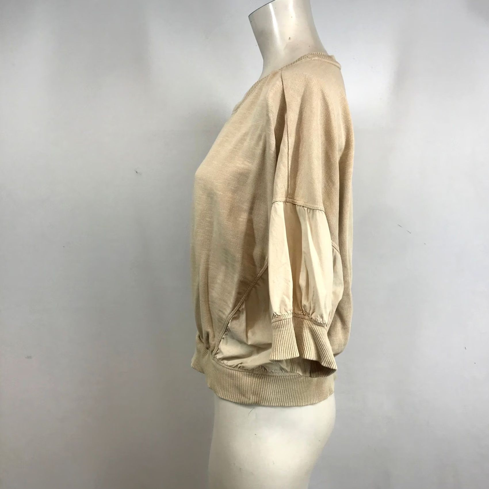 Vintage Pilcro and the Letterpress Sweatshirt M Beige Puff Sleeve Crew Neck Bubble Hem Knit Mixed Media Casual Womens Size M / US 6-8 / IT 42-44 - 6 Thumbnail