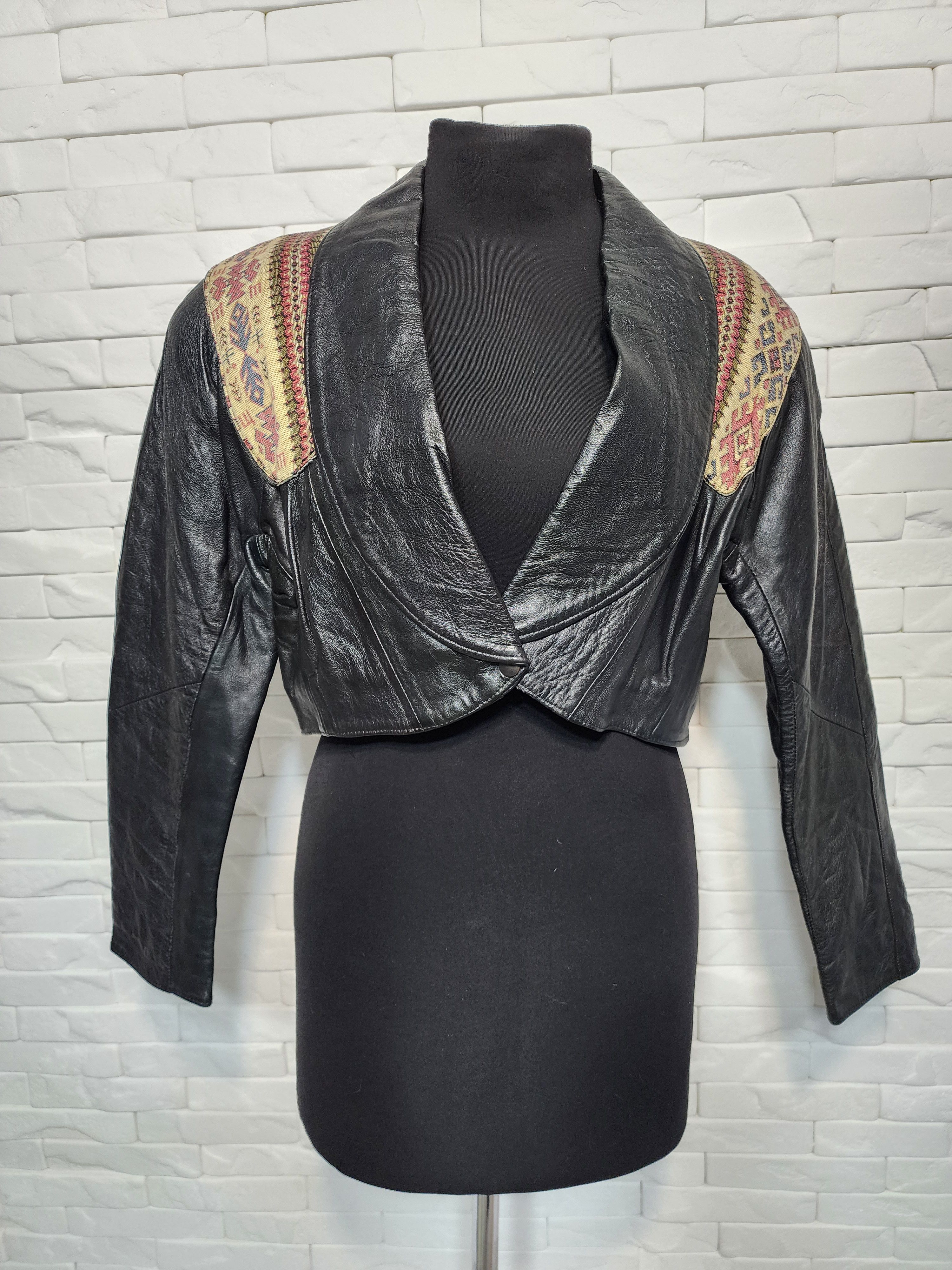 Designer Black women's leather jacket with tapestry fabric inserts. Size XL / US 12-14 / IT 48-50 - 1 Thumbnail