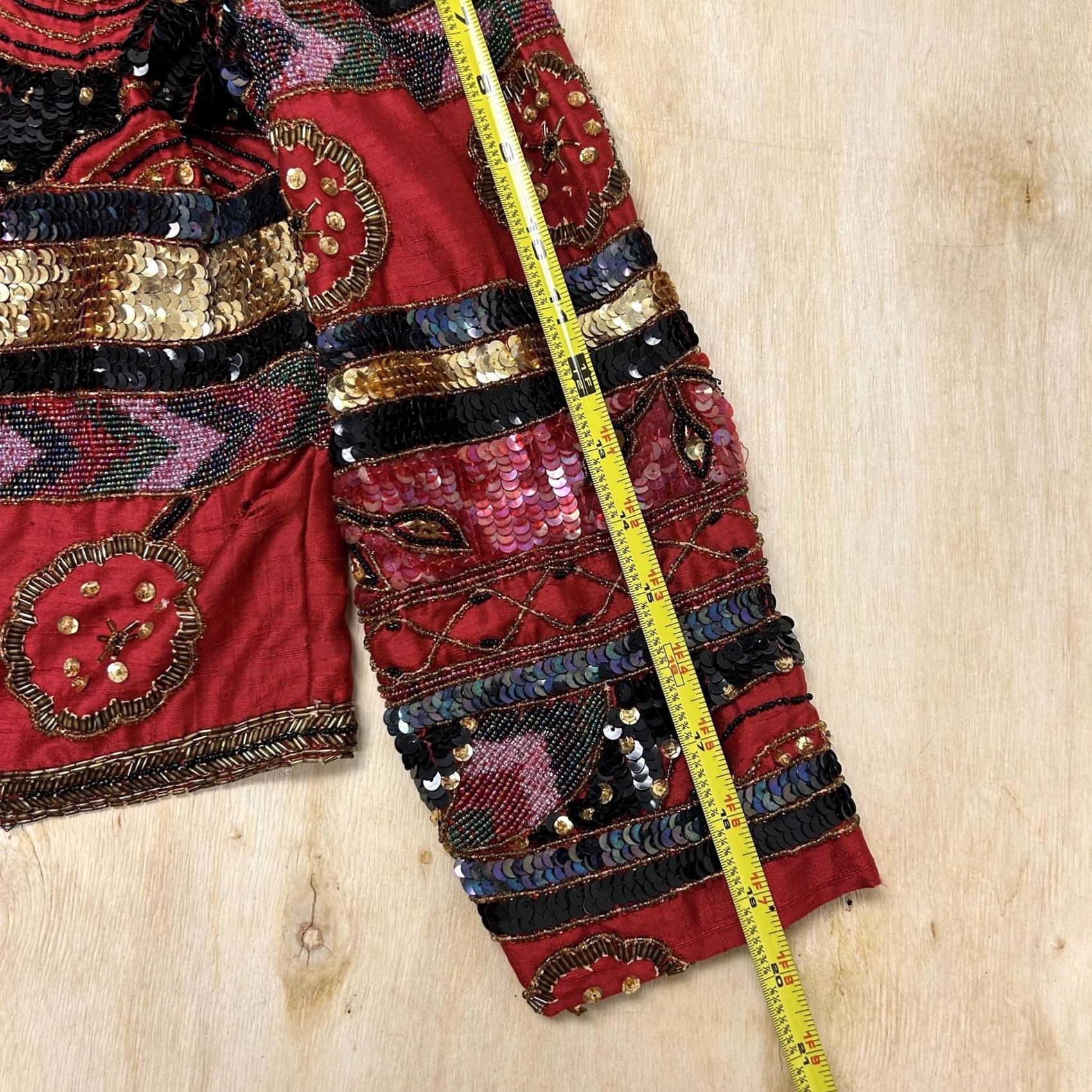 Vintage Boho Embellished Jacket Womens Medium Red Beaded Sequin Satin Open Front Size M / US 6-8 / IT 42-44 - 6 Thumbnail
