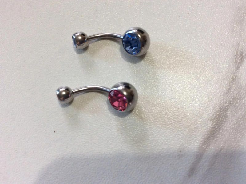 Pink Titanium belly bar with blue and pink stone - 10 mm Size ONE SIZE - 2 Thumbnail