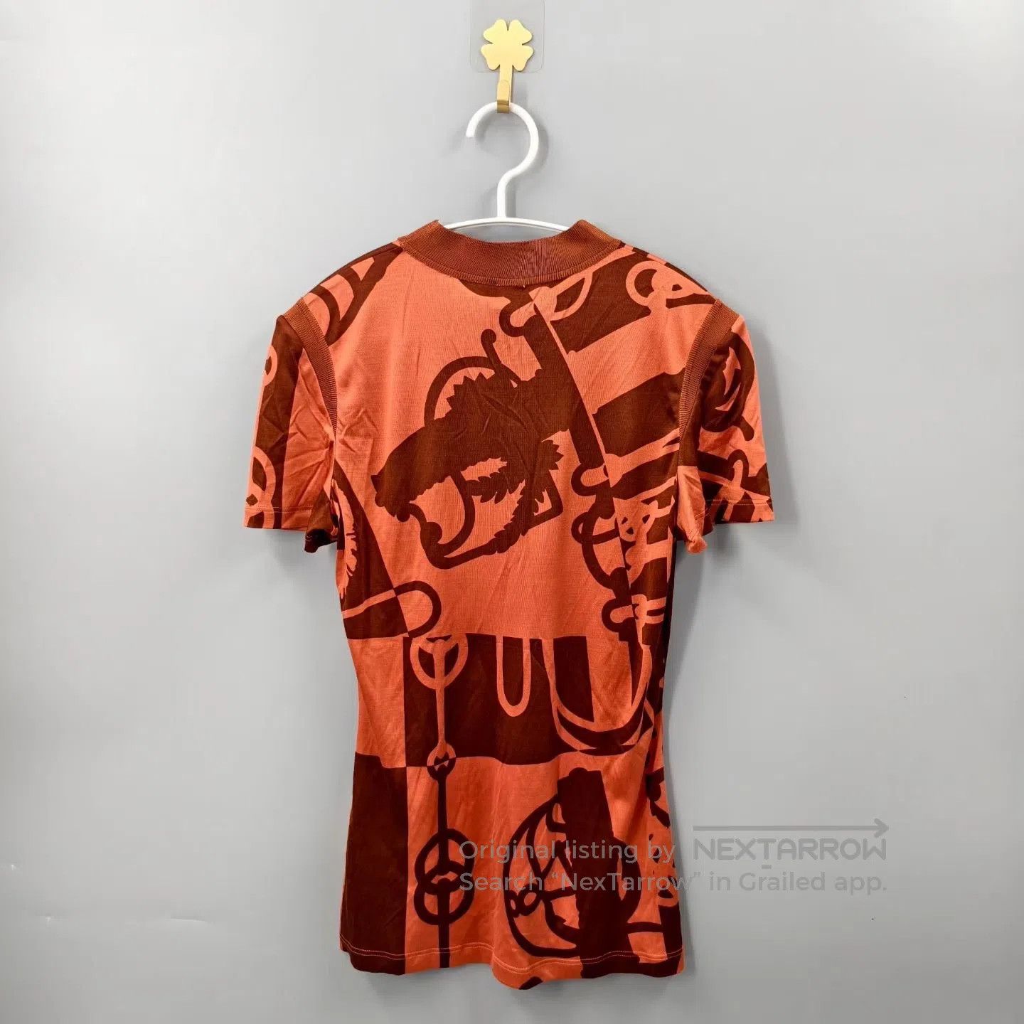 Hermes Hermes Orange Horsebit Print Silk Short Sleeve Shirt| Size XS / US 0-2 / IT 36-38 - 2 Thumbnail