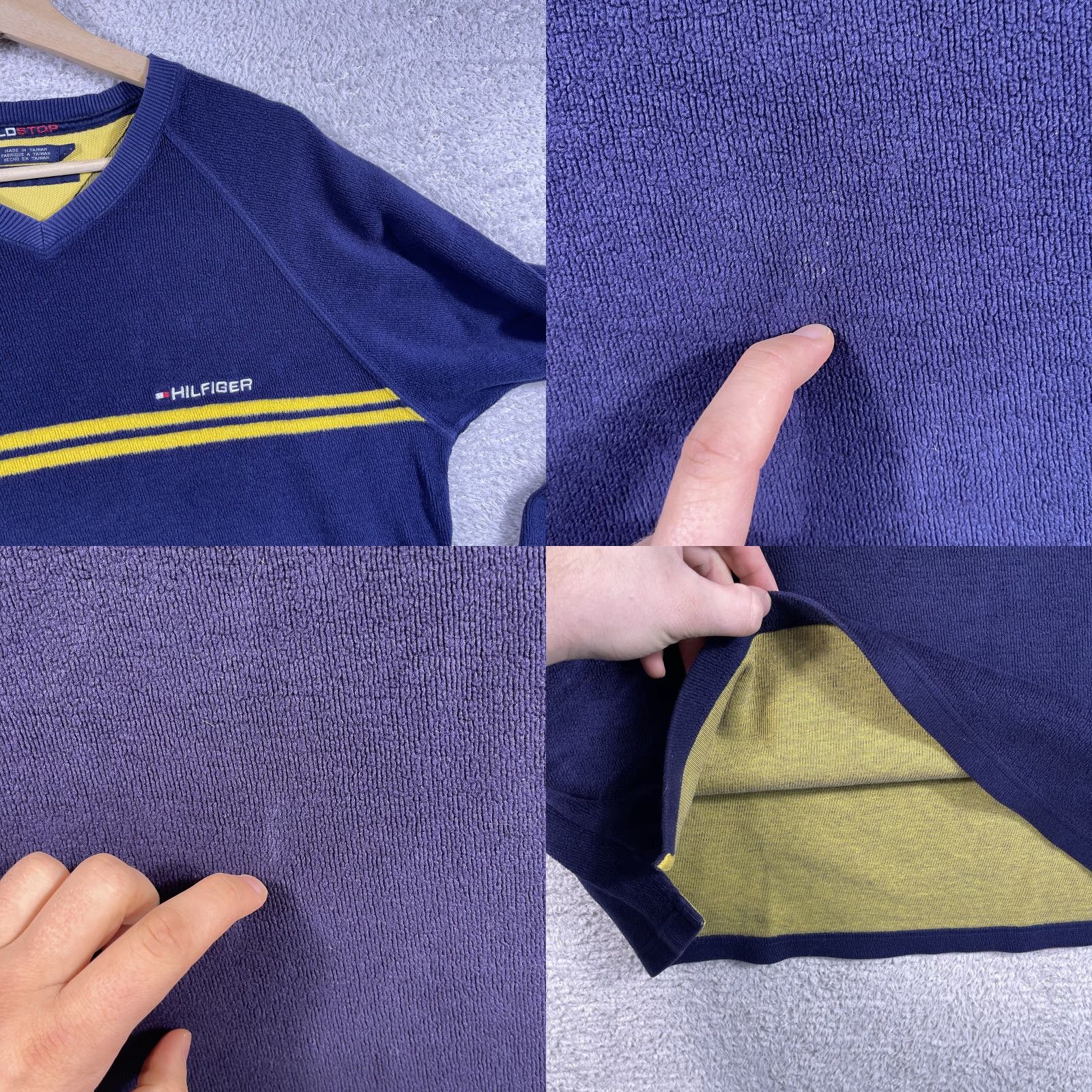 Tommy Hilfiger VINTAGE Tommy Hilfiger Sweater Mens L Striped Yellow Navy V-Neck Knit Pullover 90s Grunge USA Size US L / EU 52-54 / 3 - 8 Thumbnail