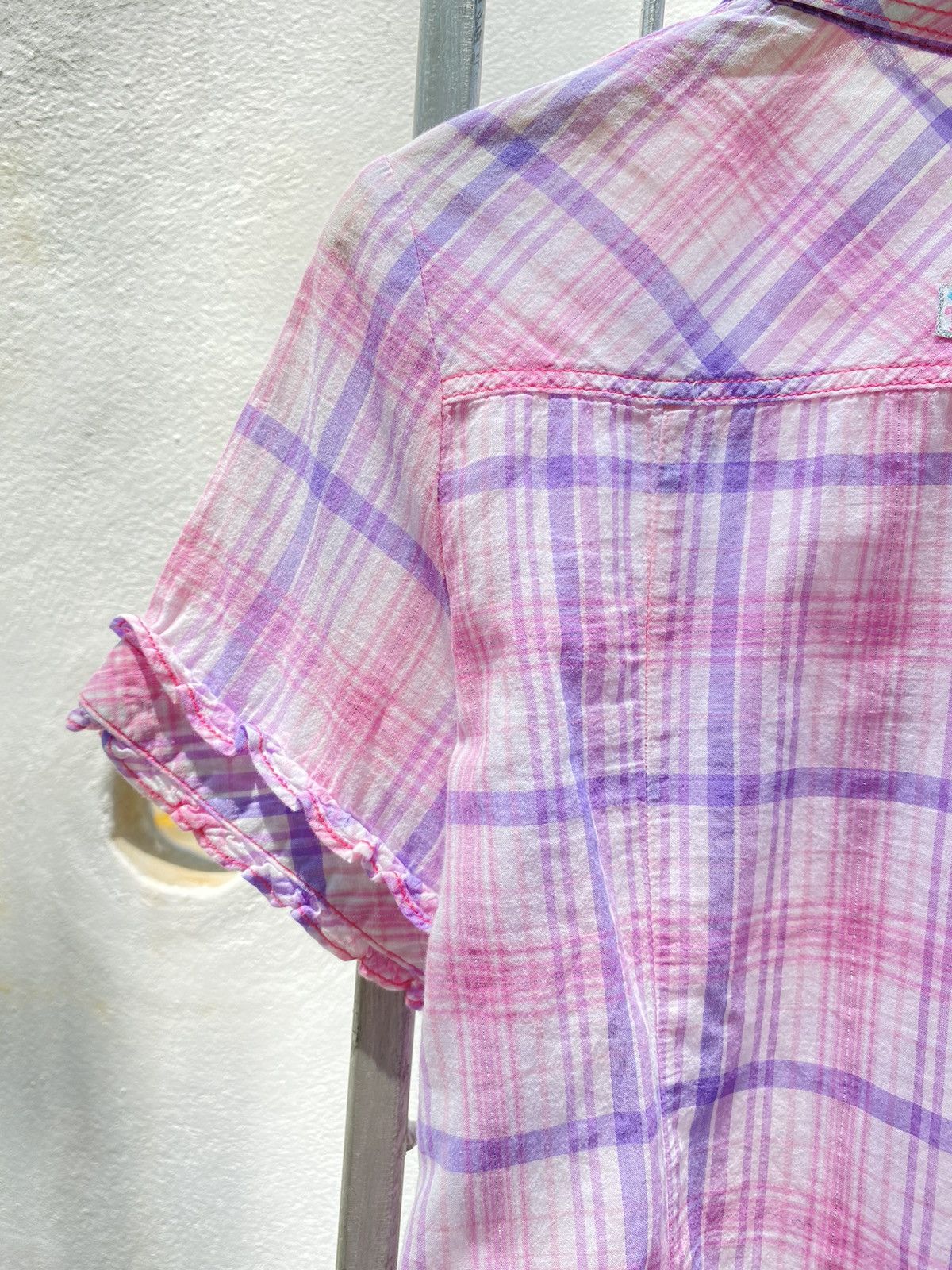 Designer × Japanese Brand Mezzo Piano Y2K Pink & Purple Plaid Ruffle Shirt Size ONE SIZE - 11 Thumbnail