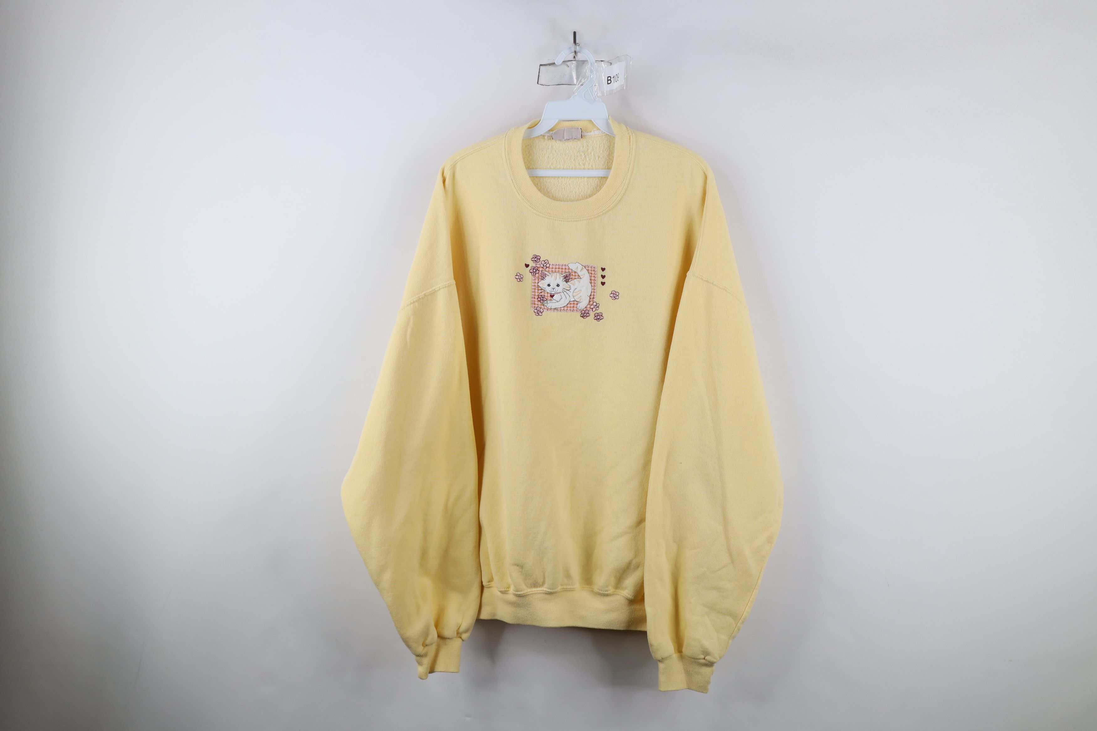 Vintage Vintage 90s Streetwear Kitten Flower Heart Sweatshirt Yellow Size US XXL / EU 58 / 5 - 1 Thumbnail