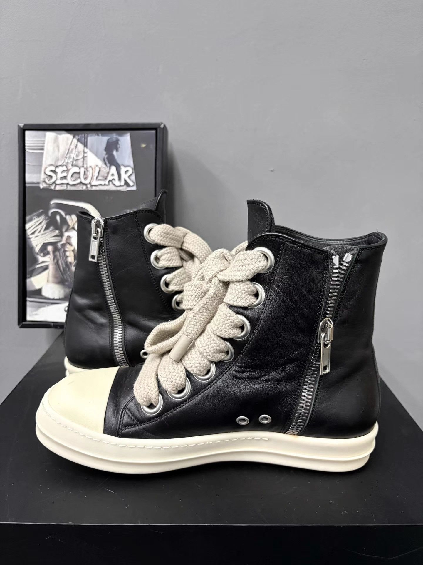 Rick Owens Rick Owens Black White Leather Thick Lace High Sneakers K34 Size US 7 / EU 40 - 5 Thumbnail