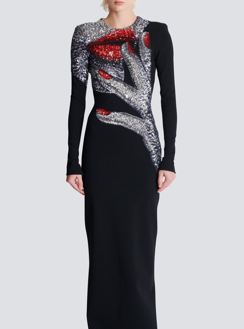 Balmain o1s1wg110526 Long Embroidered Dress with Face Motif in Black Size S / US 4 / IT 40 - 5 Thumbnail