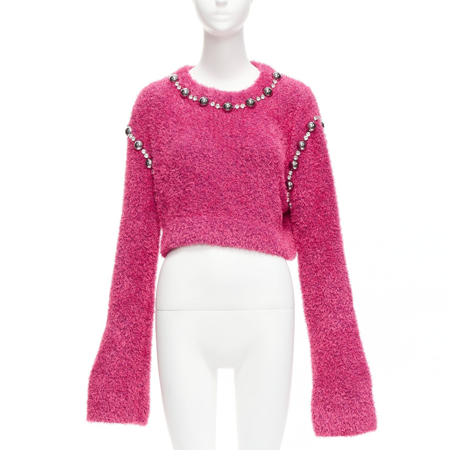 image of Area Pink Cotton Fluffy Knit Dome Stud Extra Long Sleeve Sweater Xs, Women's