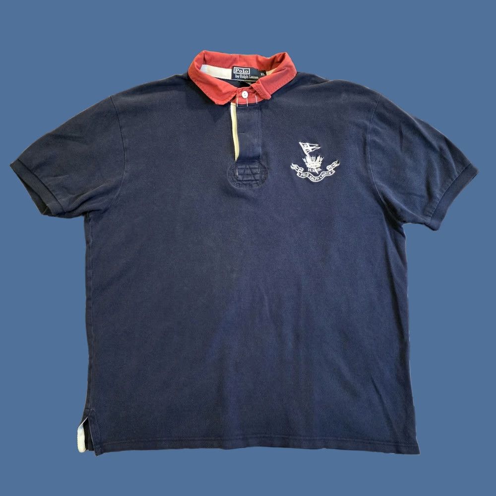 Polo Ralph Lauren VINTAGE Polo Ralph Lauren HMS Crest Rugby Polo Navy XL Men Short Sleeve Pullover Knit 100% Cotton Nautical 90s Preppy Casual Classic Mens Size US XL / EU 56 / 4 - 1 Thumbnail