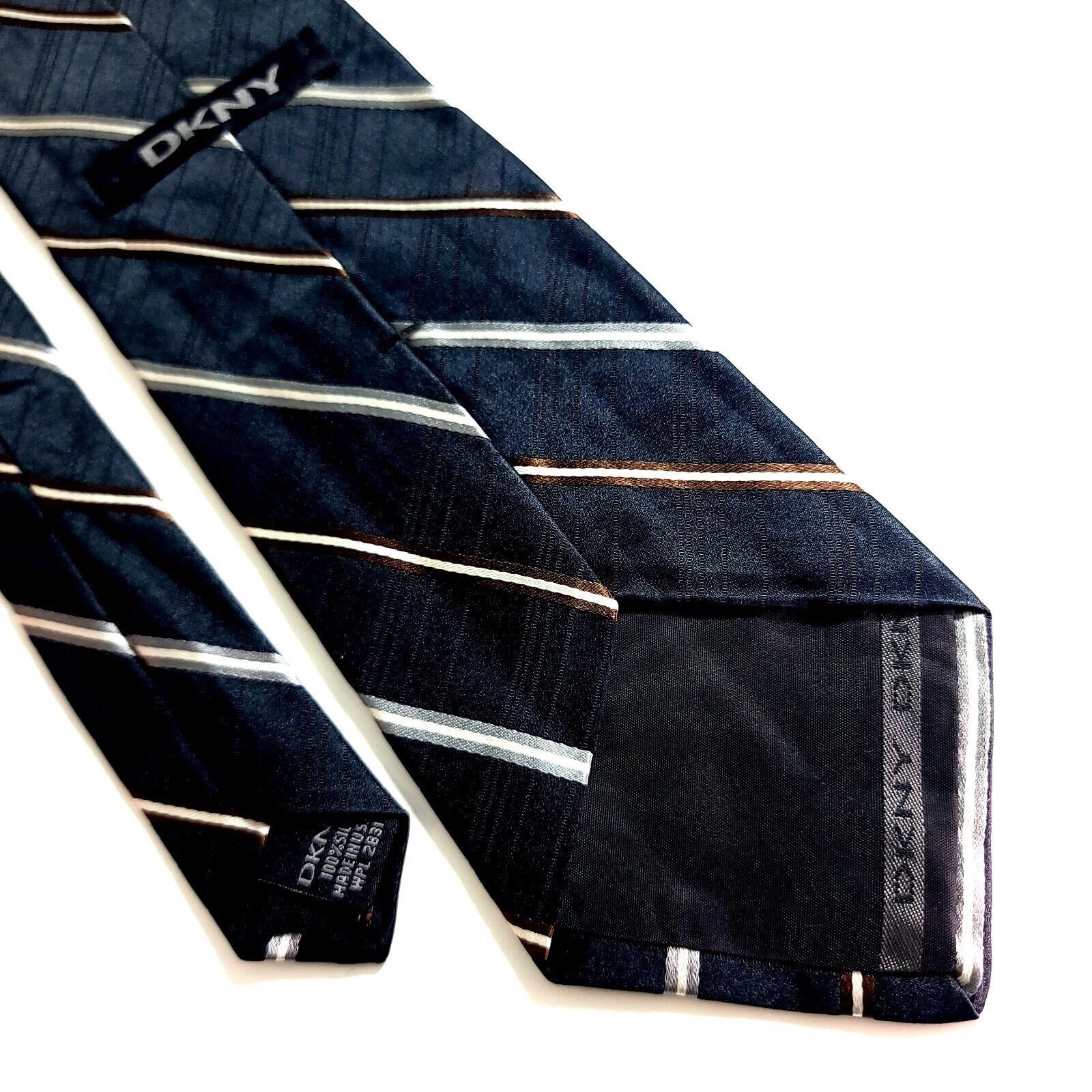 DKNY Dkny Metallic Black W/ Silver Brown Striped Woven Silk Tie Size ONE SIZE - 5 Thumbnail
