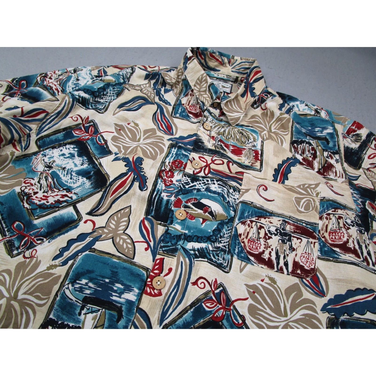Vintage VINTAGE Straight Down Men's Hawaiian Shirt Short Sleeve Large Beige Bohemian Tropical Resort Nautical AOP Size US L / EU 52-54 / 3 - 2 Thumbnail