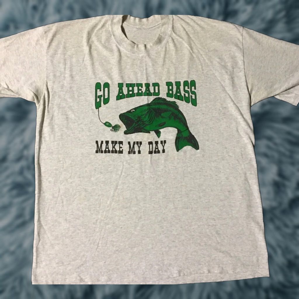 Vintage VINTAGE 90s Go Ahead Bass Make My Day Faded Shirt XL Gray Short Sleeve Men's T-Shirt Funny Saying Grunge 80s USA USA Vintage Single Stitch Size US XL / EU 56 / 4 - 1 Thumbnail