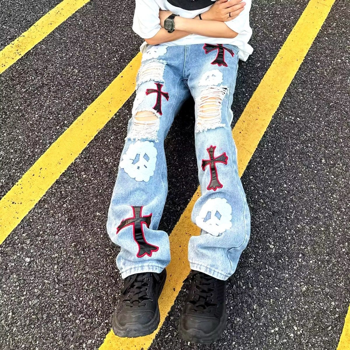 Designer × Jean High street heavy embroidered ripped straight cross jeans Size US 32 / EU 48 - 10 Thumbnail