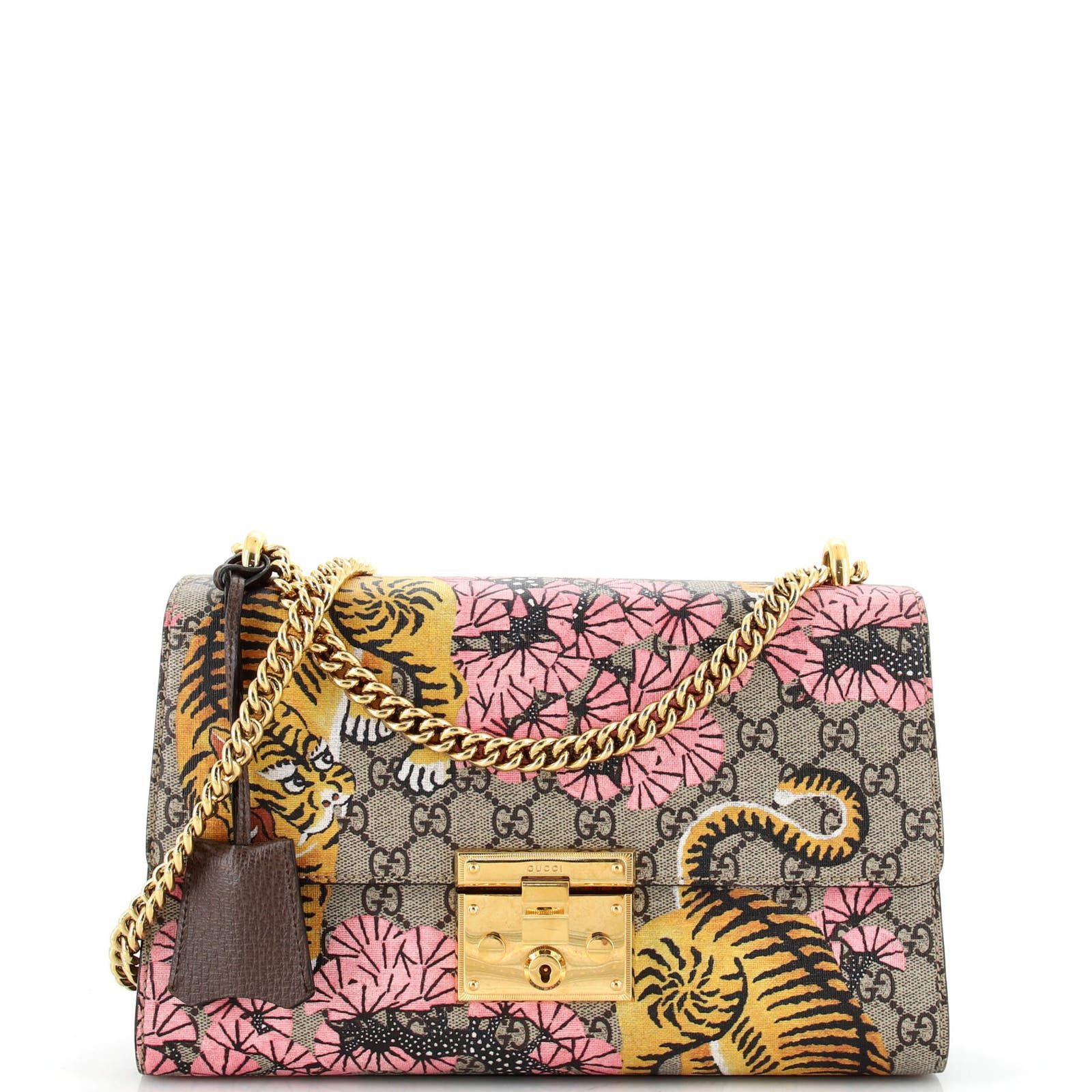 image of Gucci Padlock Shoulder Bag Bengal Print GG Coated Canvas Medium in Brown, Women's