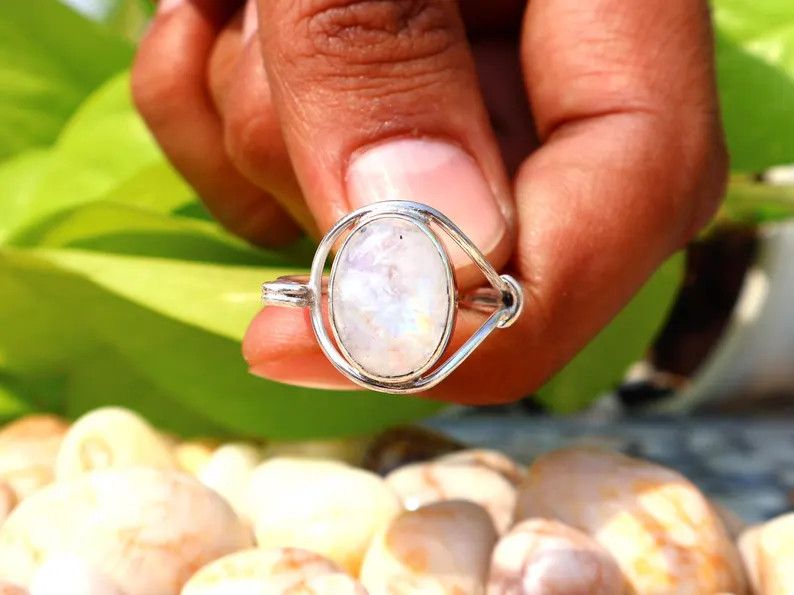 Handmade Rainbow Oval Moonstone Ring, Handmade Sterling Silver Ring Size ONE SIZE - 4 Thumbnail