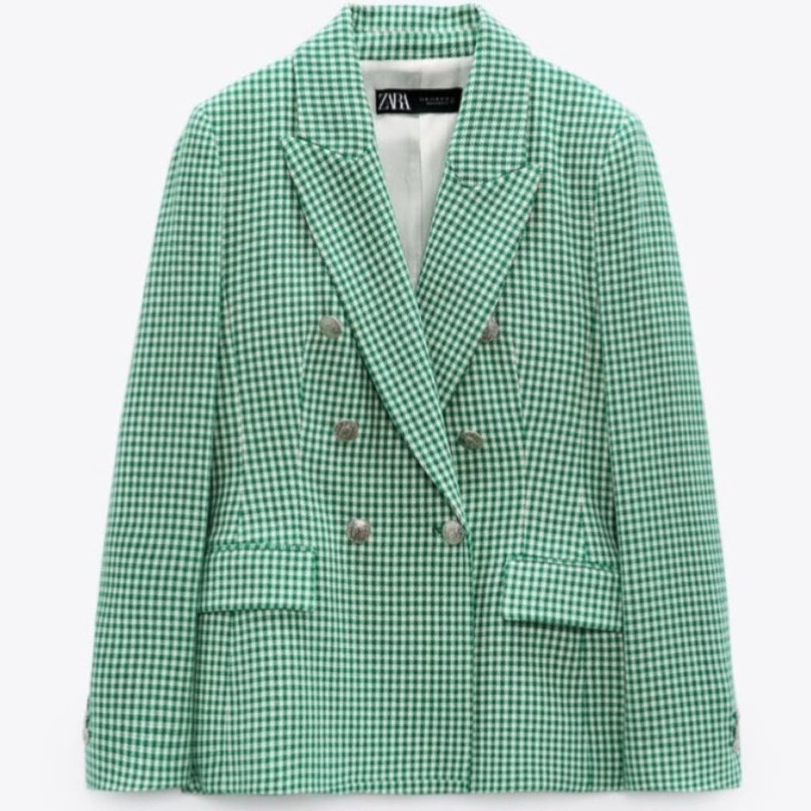image of New Zara Tailored Houndstooth Blazer Green Ecru, Women's (Size XS)