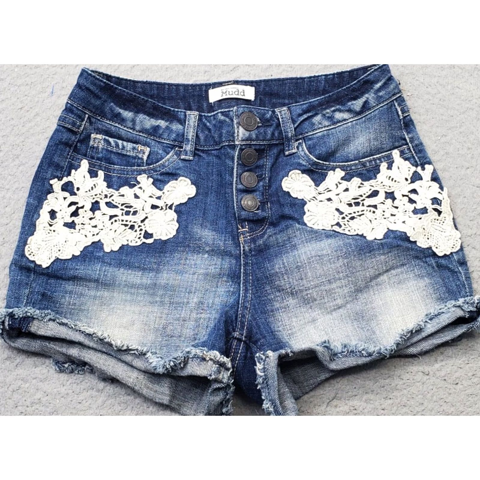 Denime Mudd Cut-Off Shorts Womens 3 Multicolor Denim Crochet Lace Floral Patch Button Fly Shirt? Size 26" / US 2 / IT 38 - 2 Thumbnail