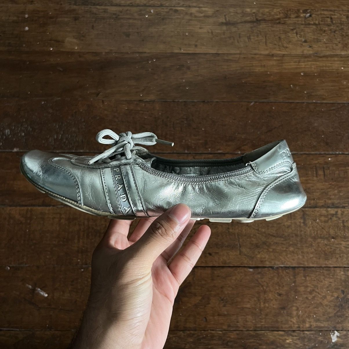 Prada Prada Sport Silver Leather Scrunch Lace Up Ballet Flats Size US 5 / IT 35 - 6 Thumbnail