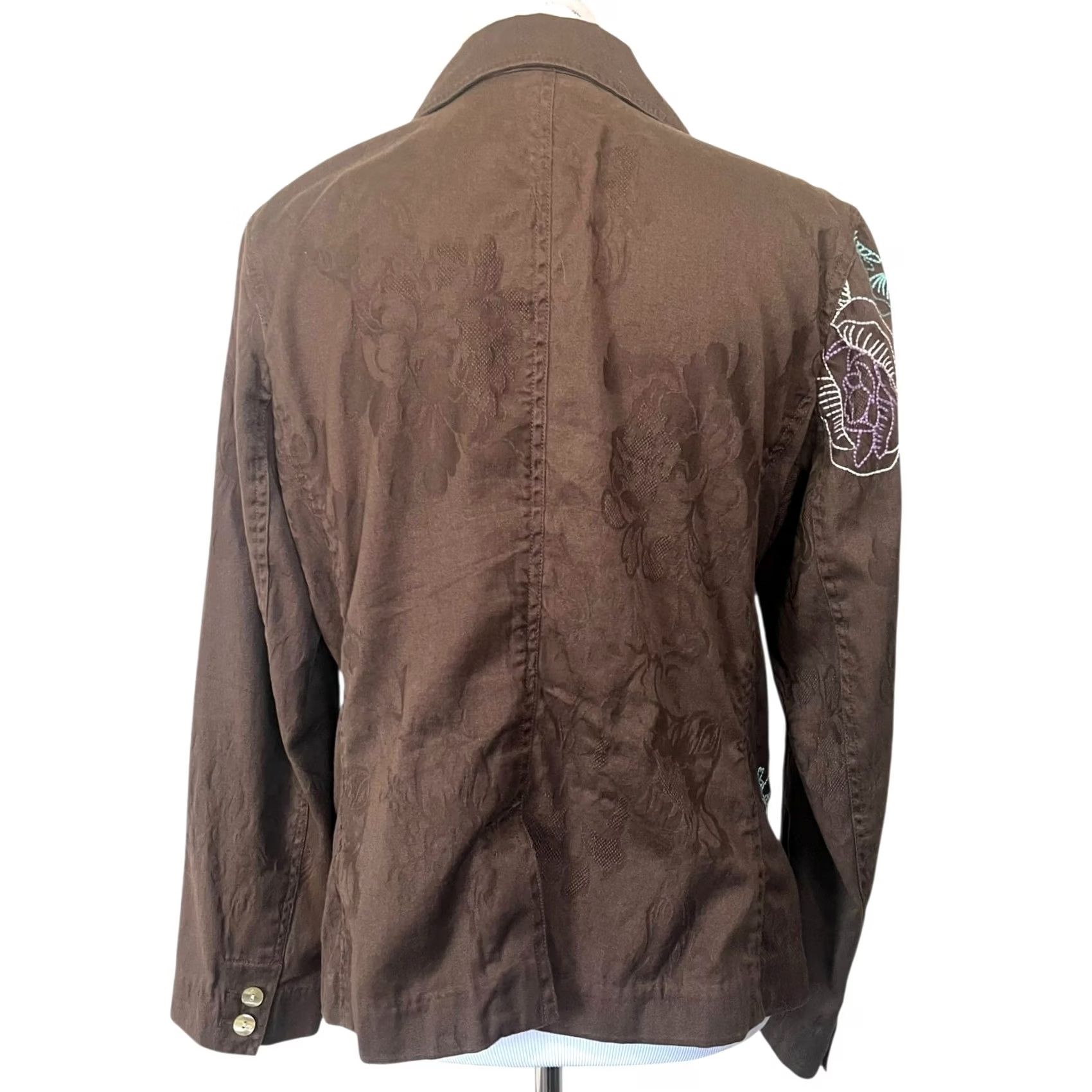 J. Jill J.Jill Blazer Brown Jacquard Embroidered Floral One-Button Cotton Size M Women's Jacket Size M / US 6-8 / IT 42-44 - 6 Thumbnail