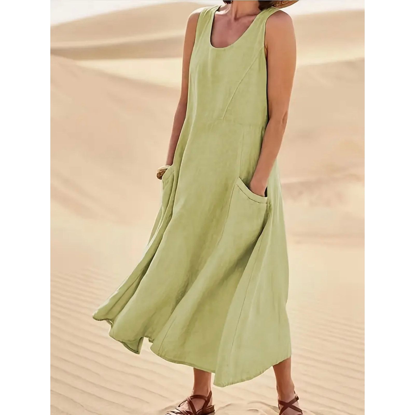 Other Sleeveless 100% Cotton Midi Dress Pockets Light Green 14 Size XL / US 12-14 / IT 48-50 - 4 Thumbnail