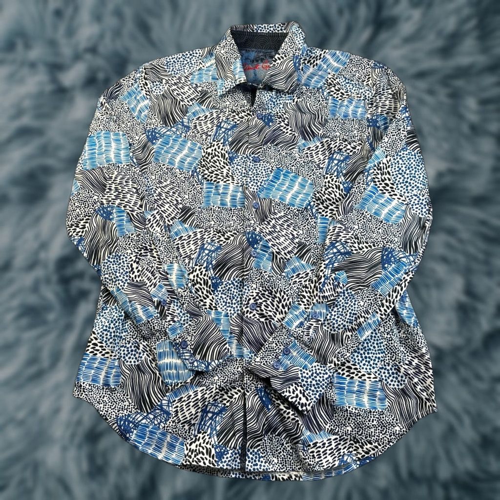 Robert Graham Shirt Mens M Blue Hurricane Flip Cuff Button Up Casual Geometric Pattern