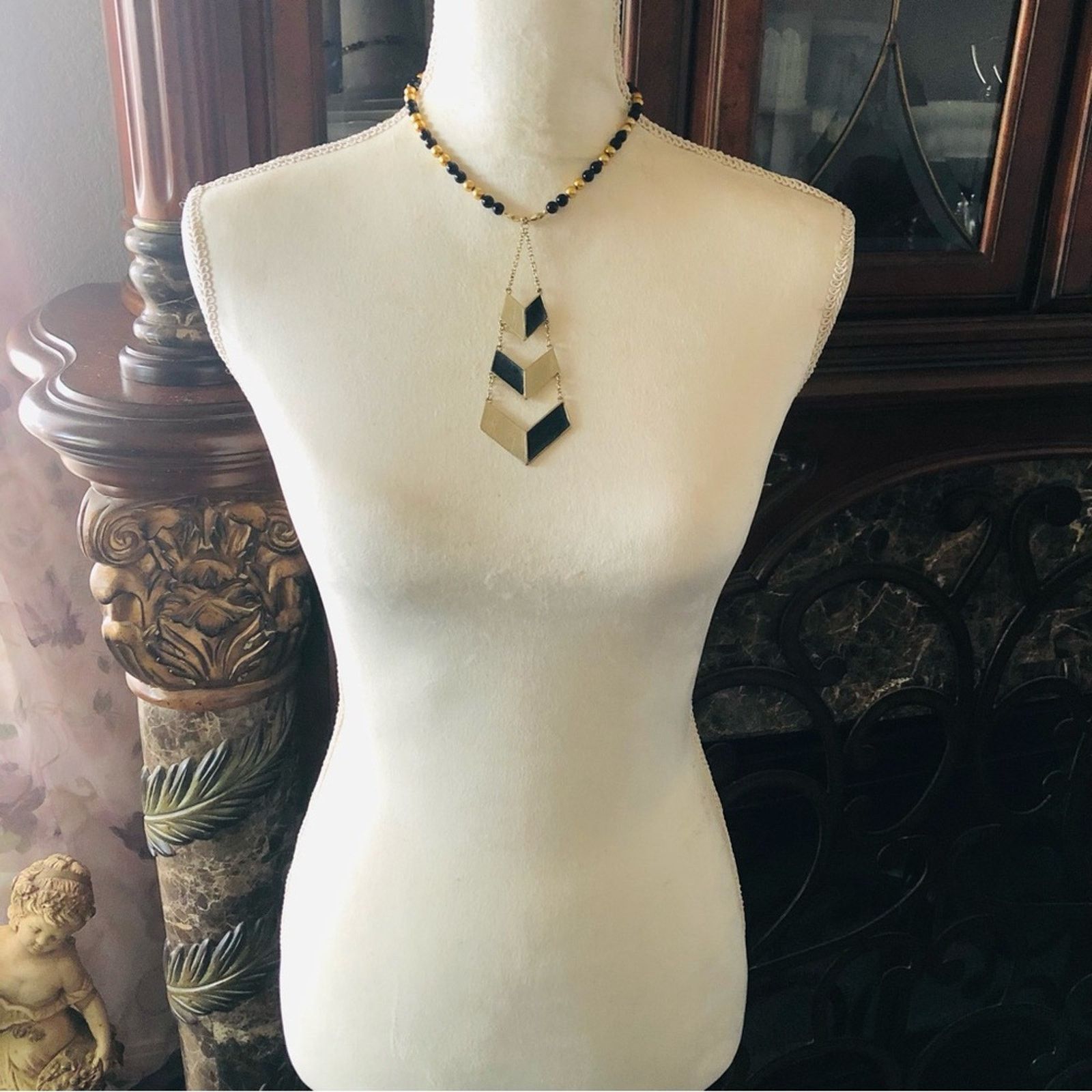 Handmade Handcrafted repurpose black and gold tie Pearl necklace Size ONE SIZE - 6 Thumbnail