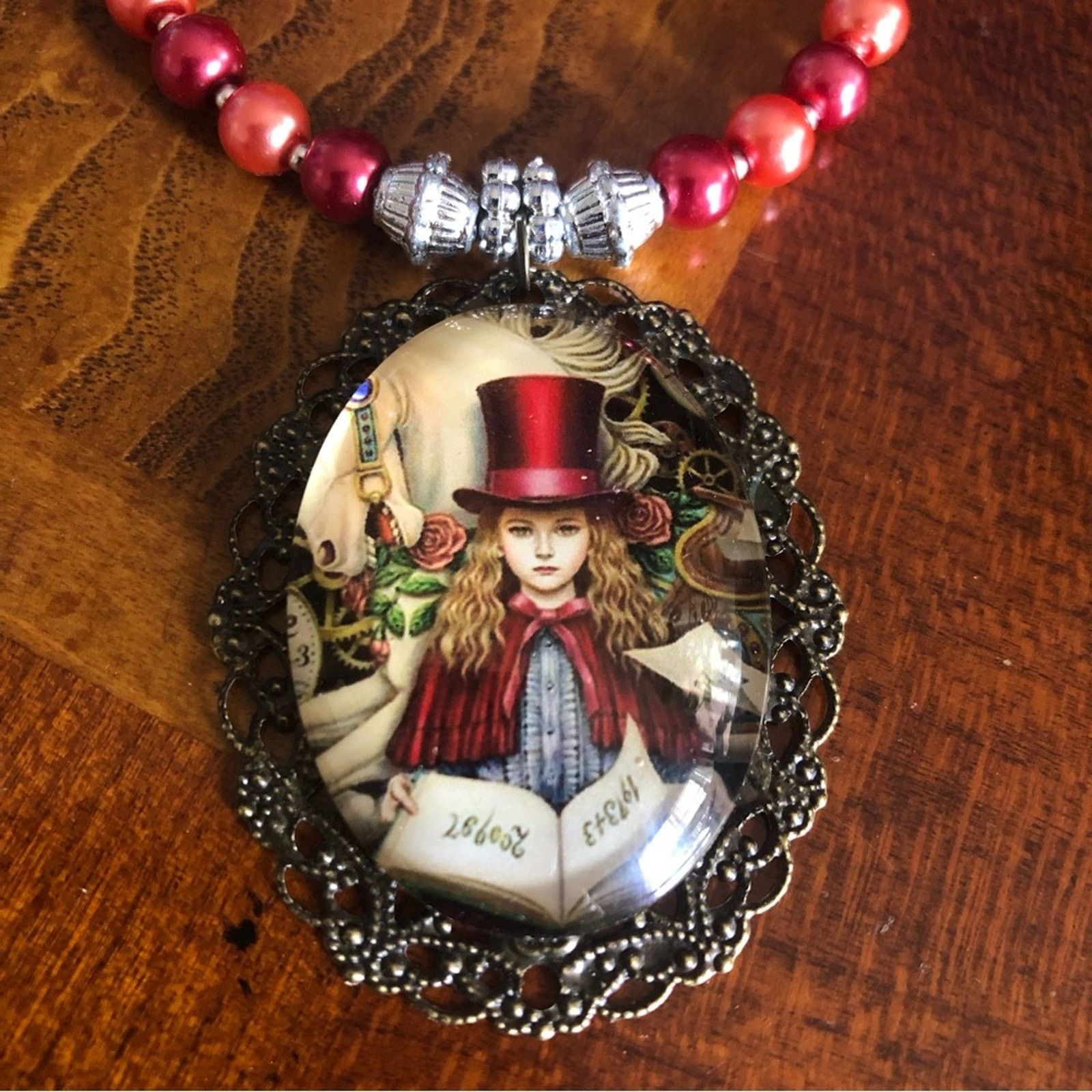 Handmade Handcrafted repurpose top hat girl cameo Pearl necklace Size ONE SIZE - 9 Thumbnail