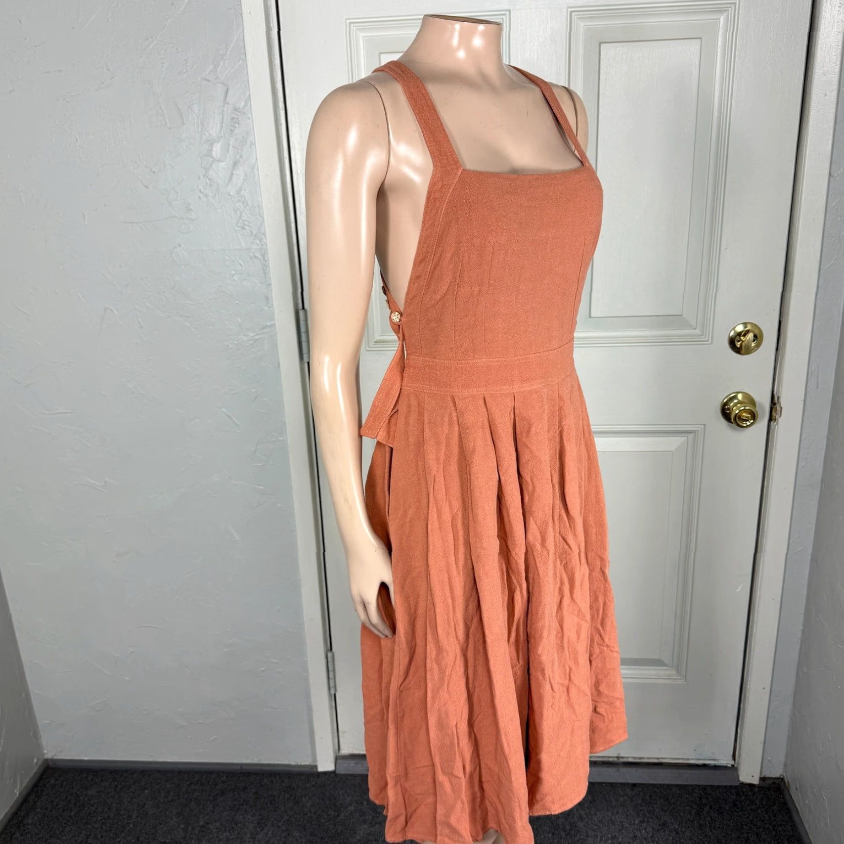 Vintage Lelasilk Women's Dress Apron Sleeveless Cotton Open Back Pockets LL20 - Salmon Orange Solid Knit Knee Length Casual Square Neck Sleeveless Dress Size S / US 4 / IT 40 - 7 Thumbnail