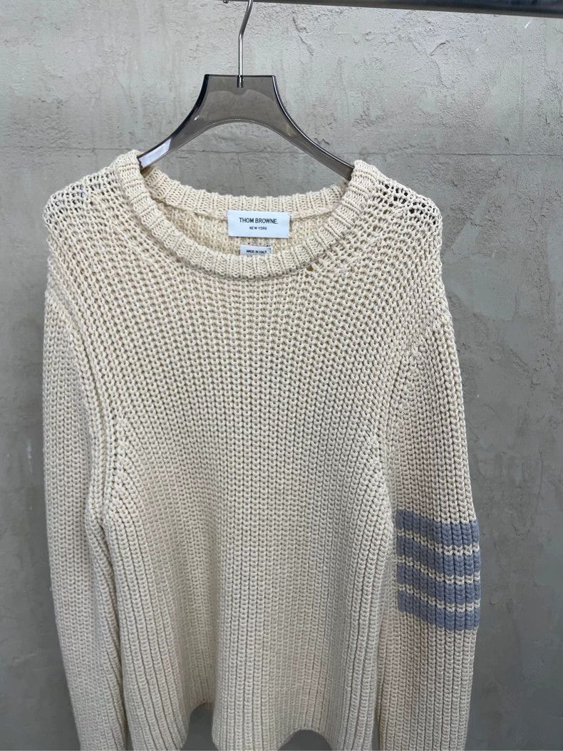 Thom Browne Thom browne Beige four-striped pure wool round-neck sweater Size US S / EU 44-46 / 1 - 3 Thumbnail