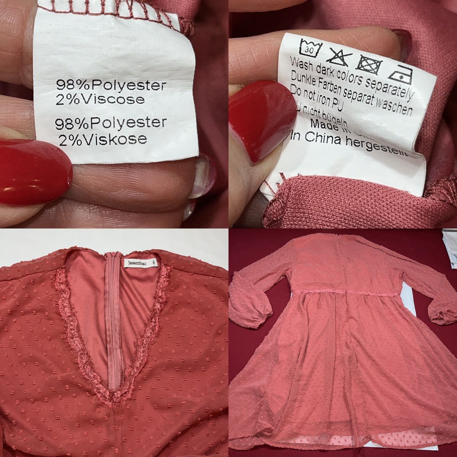 Vintage JASAMBAC Dusty Rose DRESS V-neck High Waist Swiss Minky Dot Chiffon Long Sleeves Size XXL / US 16-18 / IT 52-54 - 8 Thumbnail