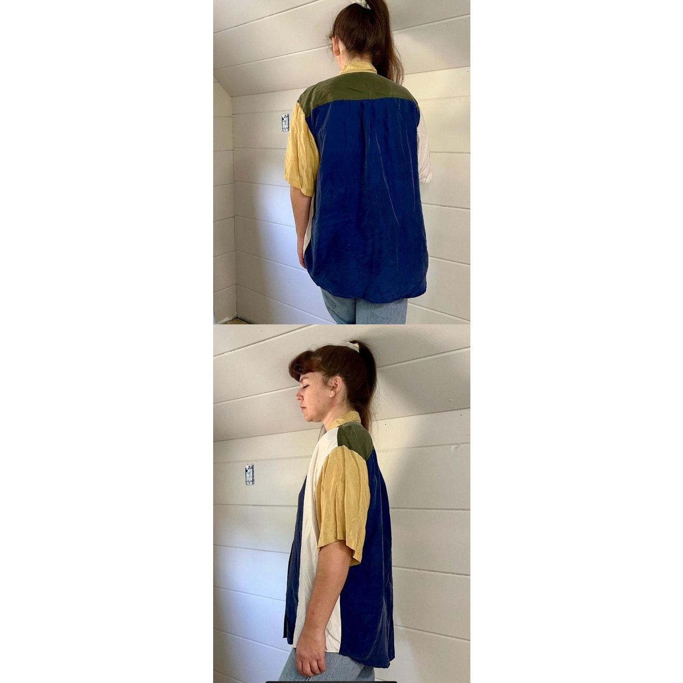 Vintage Vintage 90s Diana Marco Blue tan cream silk blouse Large Size L / US 10 / IT 46 - 2 Thumbnail