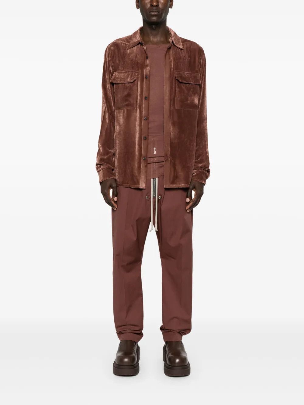 Rick Owens o1y0325 Velvet Solid Color Shirt in Brown Size US S / EU 44-46 / 1 - 5 Thumbnail