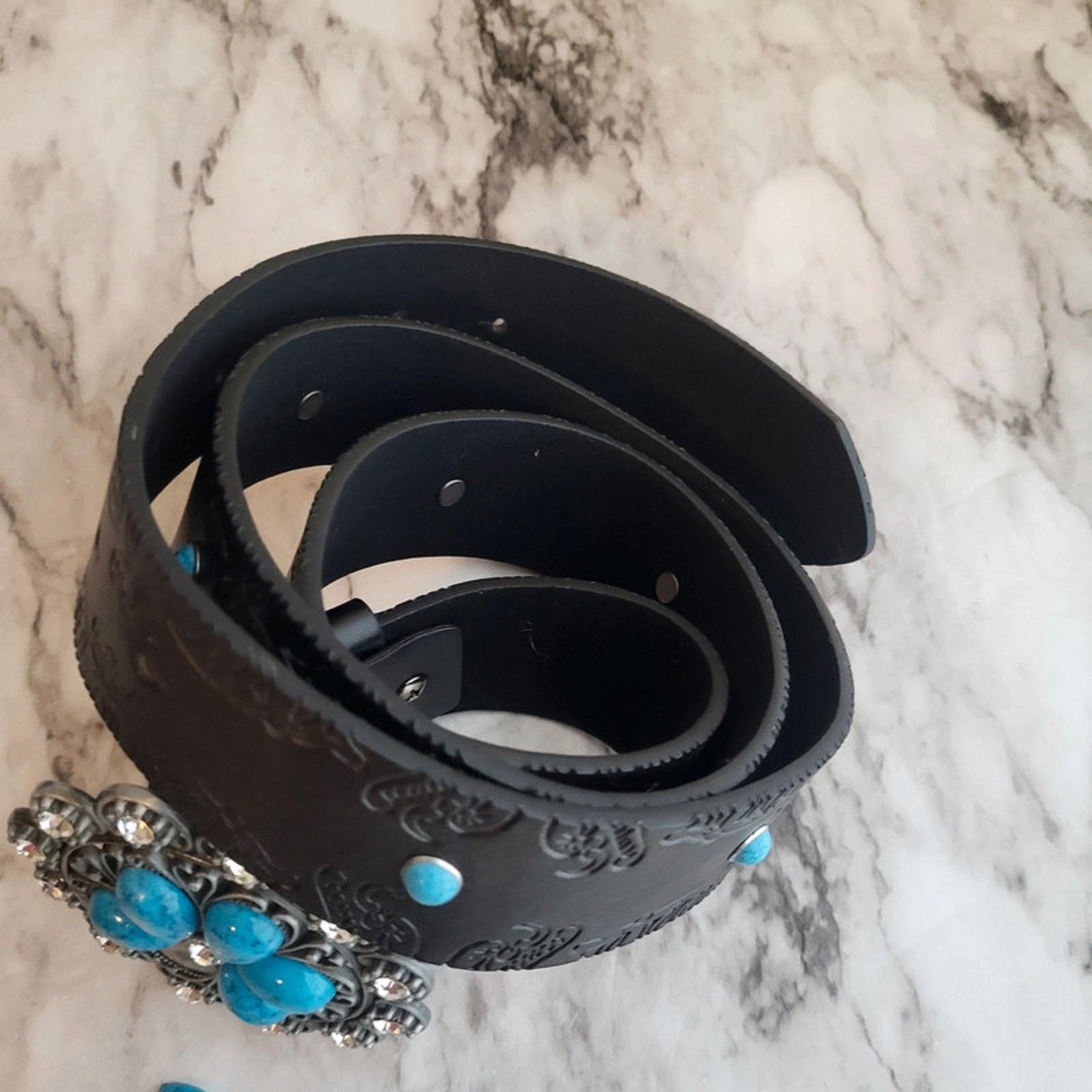 Other Black and Blue Floral Buckle Vegan Leather Belt 44 inches Size ONE SIZE - 8 Thumbnail