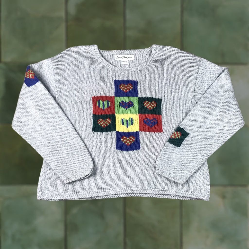 Jim Thompson VINTAGE Norm Thompson Womens Gray Crop Knit Sweater Small Heart Knit Graphic Pullover Long Sleeve Boat Neck Size S / US 4 / IT 40 - 1 Thumbnail