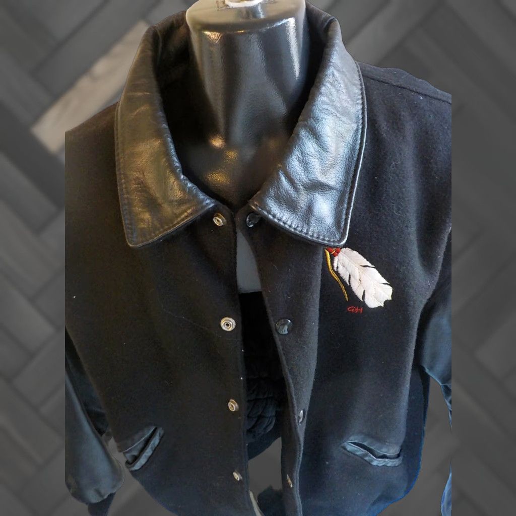Vintage Heavy Duty Leather Co. Varsity Style Jacket w/Logo Black Leather/Wool SZ LG Mens Jacket Size US L / EU 52-54 / 3 - 1 Thumbnail