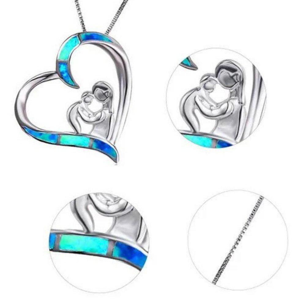 Designer Selfless Mom Love Baby Heart Pendant Blue Opal Necklace Size ONE SIZE - 4 Thumbnail