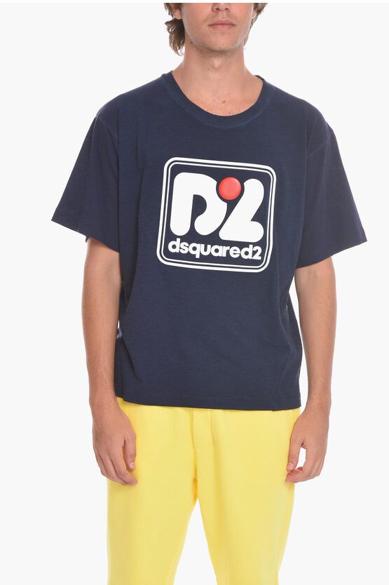 image of Dsquared2 Crewneck T-Shirt With Maxi Embossed Logo in Blue, Men's (Size XL)