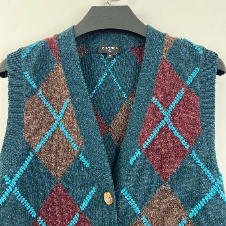 Chanel Chanel 24A blue and green knitted diamond plaid cardigan ve Size XS / US 0-2 / IT 36-38 - 6 Thumbnail