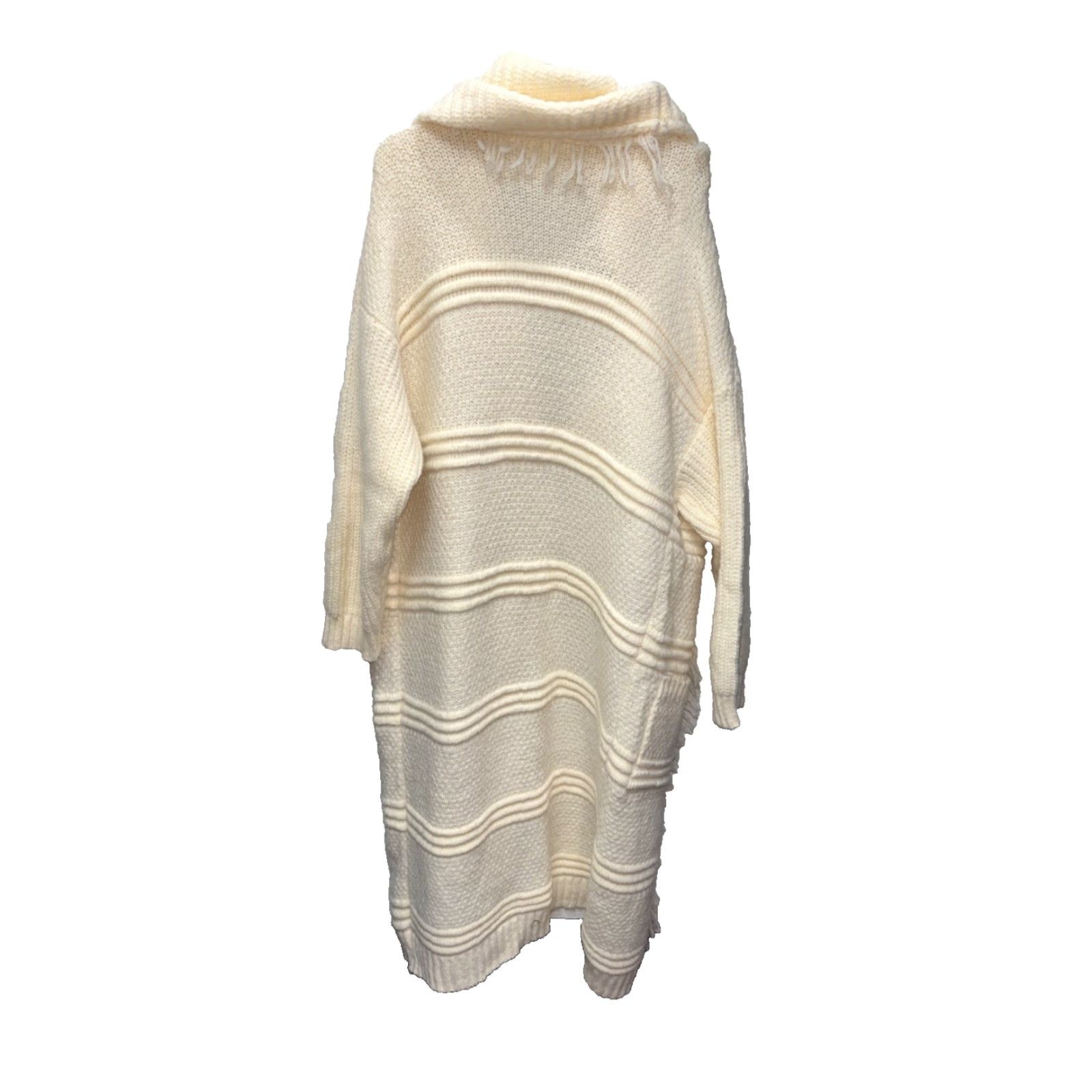 Ivory Cardigan Duster Open Front Tassel Pocket Sweater Stripe Knit V-Neck Long Sleeve Dolman Loose Relaxed - XL - Women - Knit - Cardigan