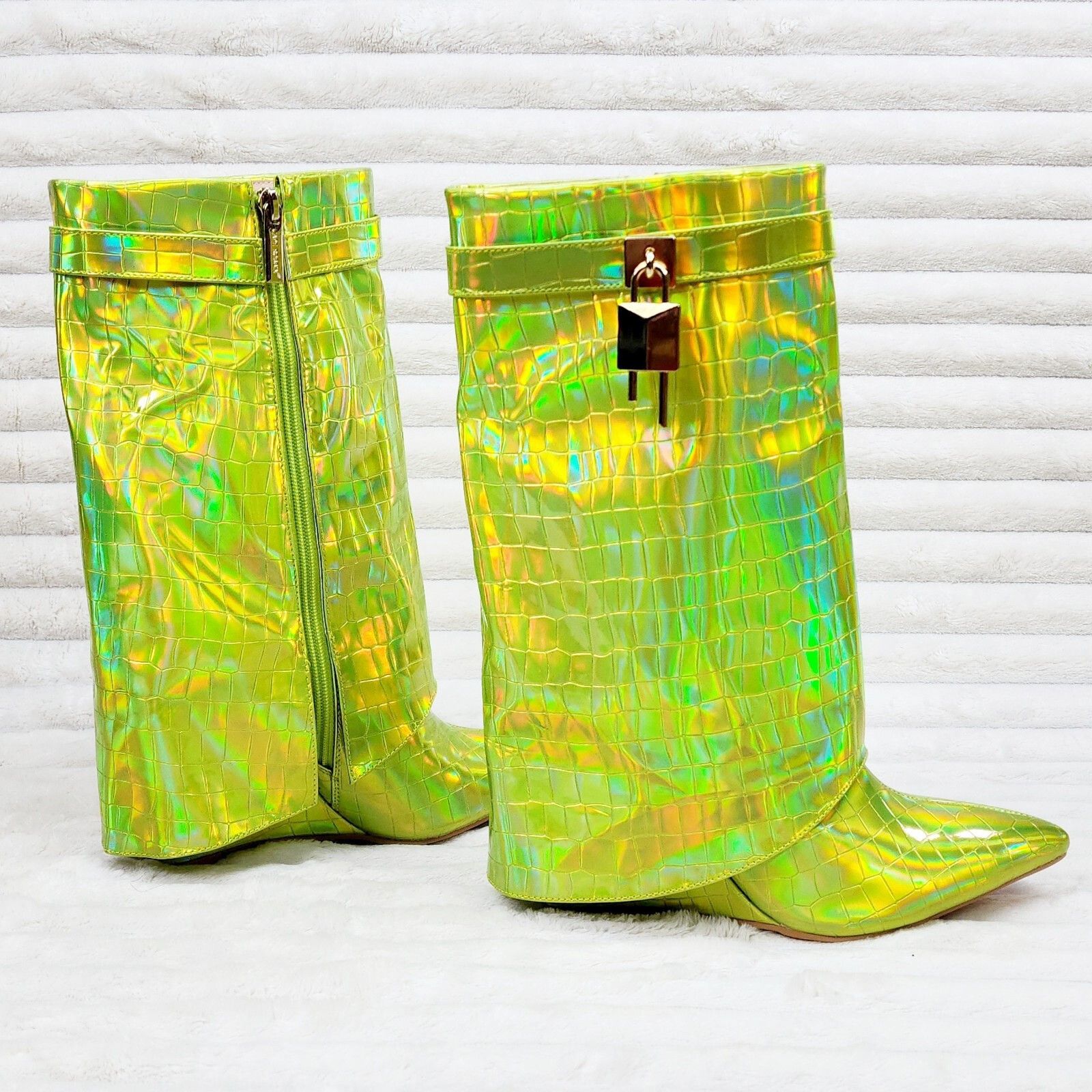Other Vision Lime Yellow Hologram Wedge Heel Fold Over Skirted Ank Size US 6 / IT 36 - 1 Thumbnail
