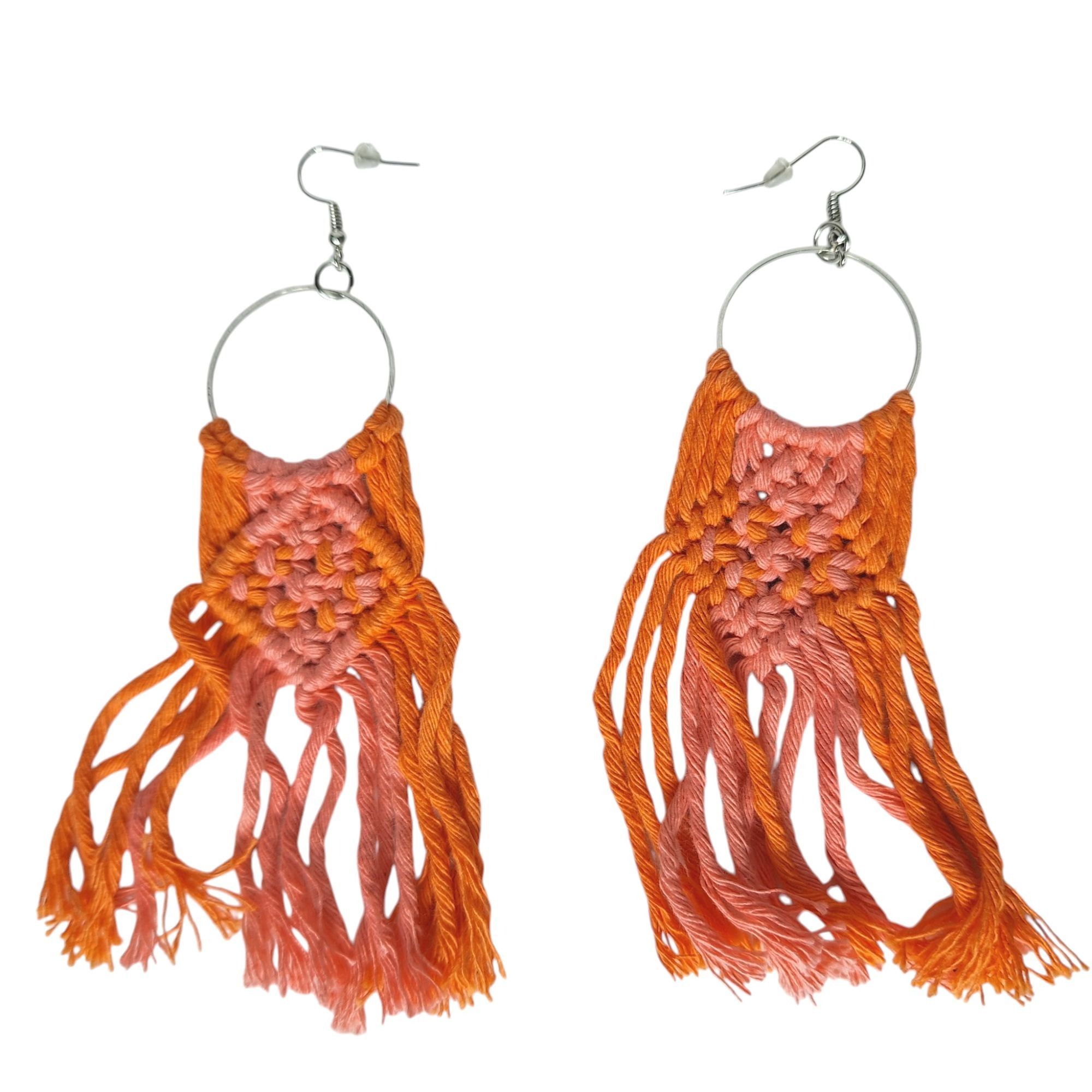 Other Handmade Macrame Hoop Earrings Boho Orange Pink Fringe Boho Size ONE SIZE - 1 Thumbnail