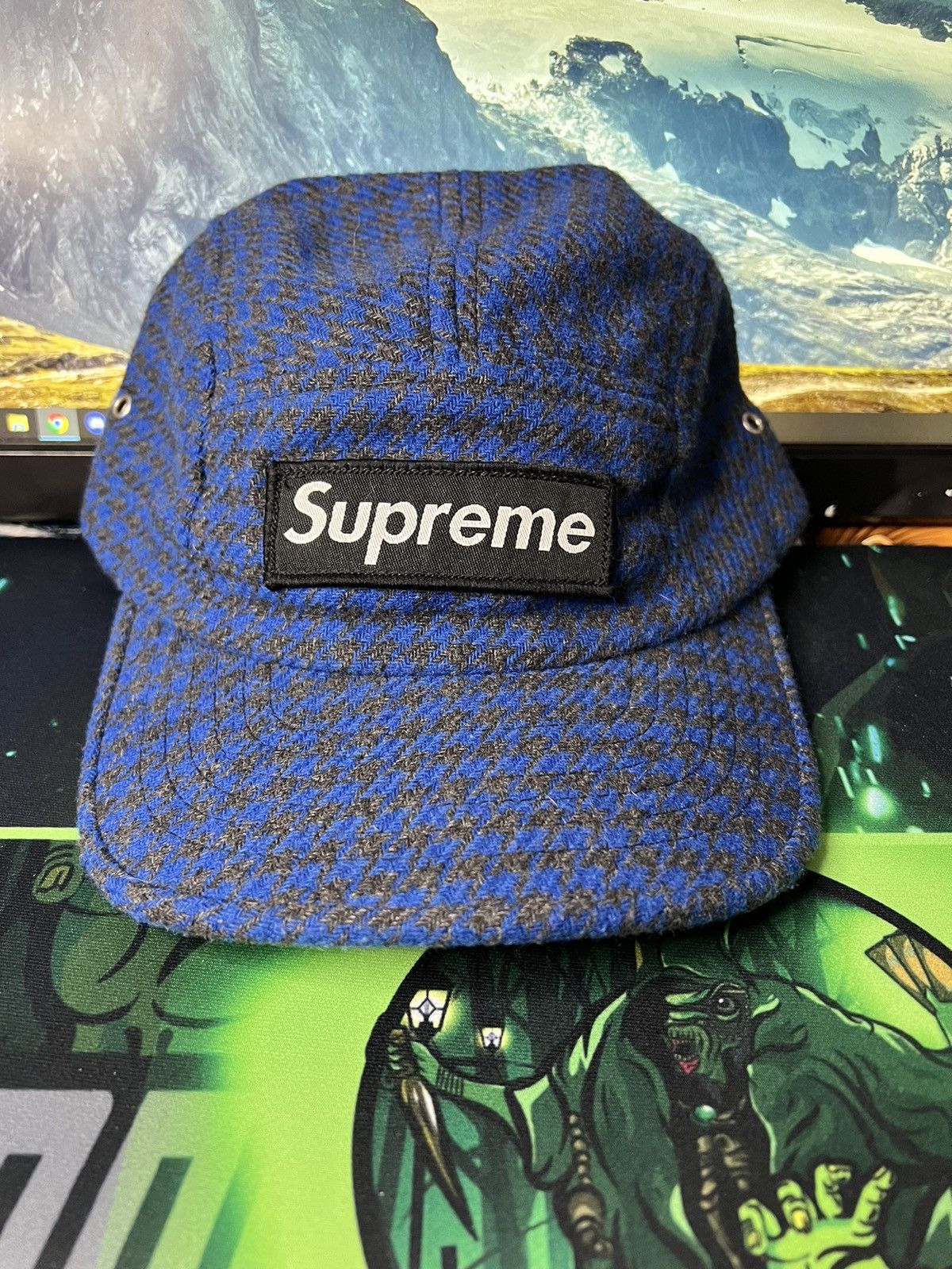 image of Supreme 2002 Wool Houndstooth Camp Cap in Blue, Men's