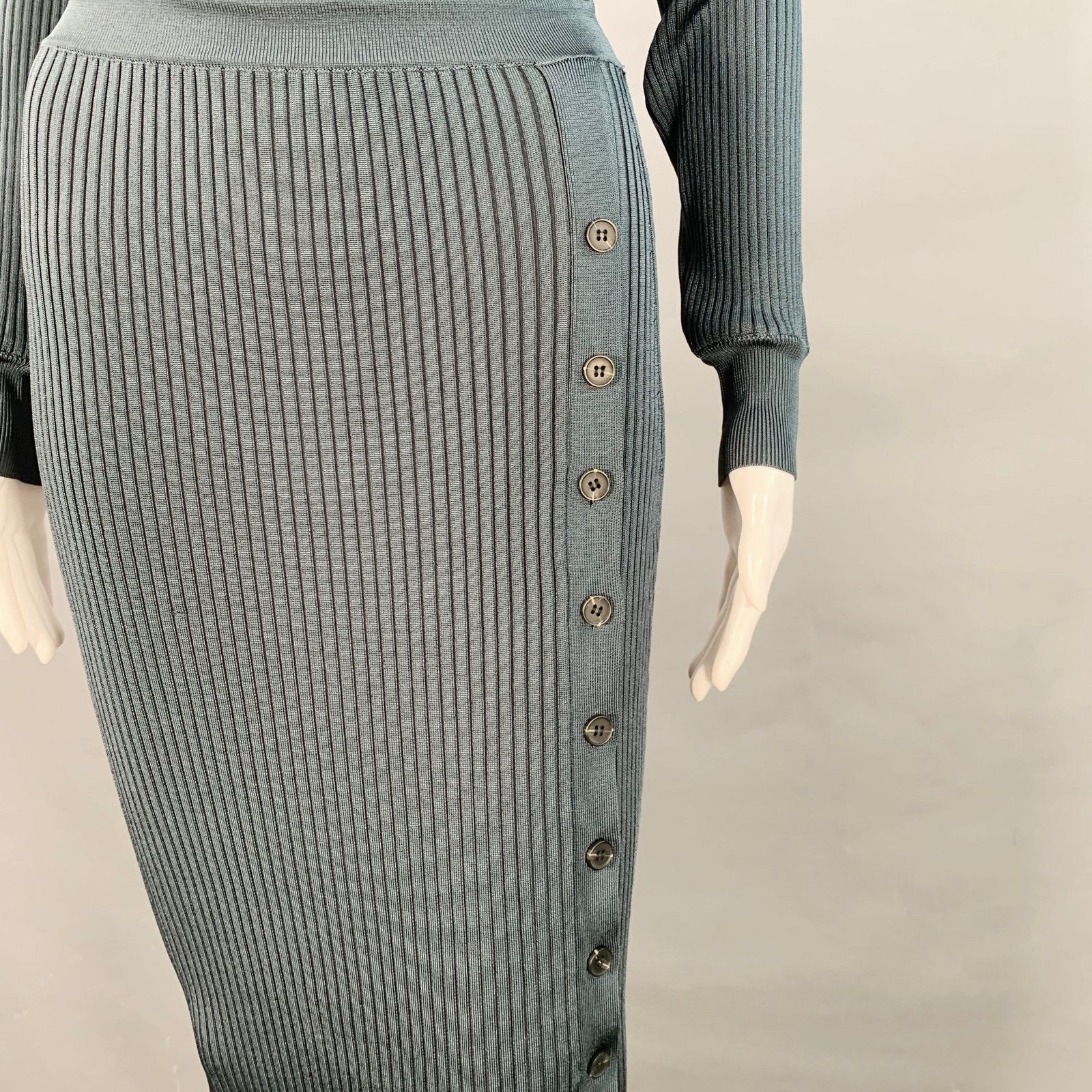 Self-Portrait Dark Green Grey Viscose Blend Rib Knit Midi Shirt Dress Size S / US 4 / IT 40 - 2 Thumbnail