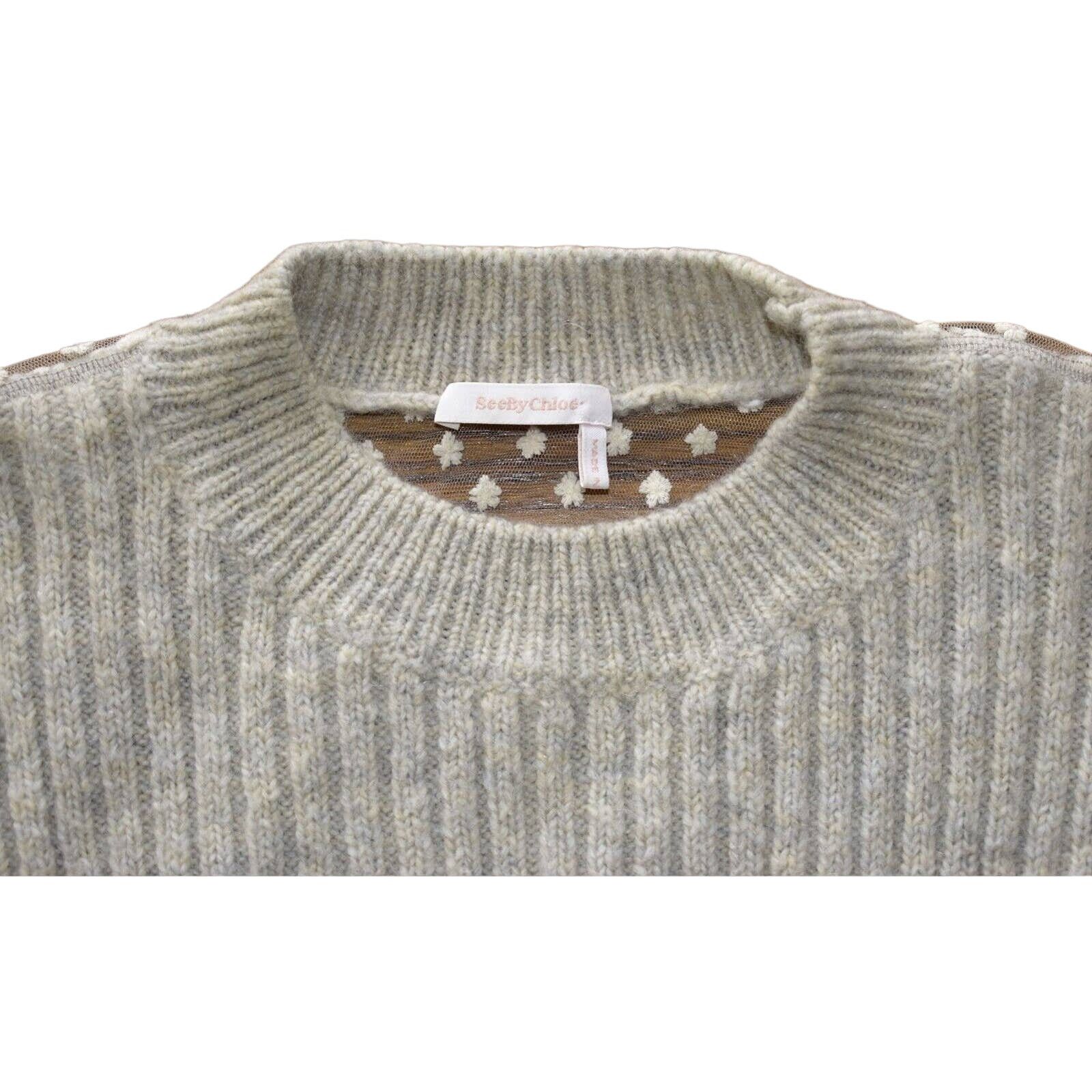 See by Chloe SEE BY CHLOE Grey Wool Sheer Back Sleeve Floral Sweater Sz L Size L / US 10 / IT 46 - 3 Thumbnail