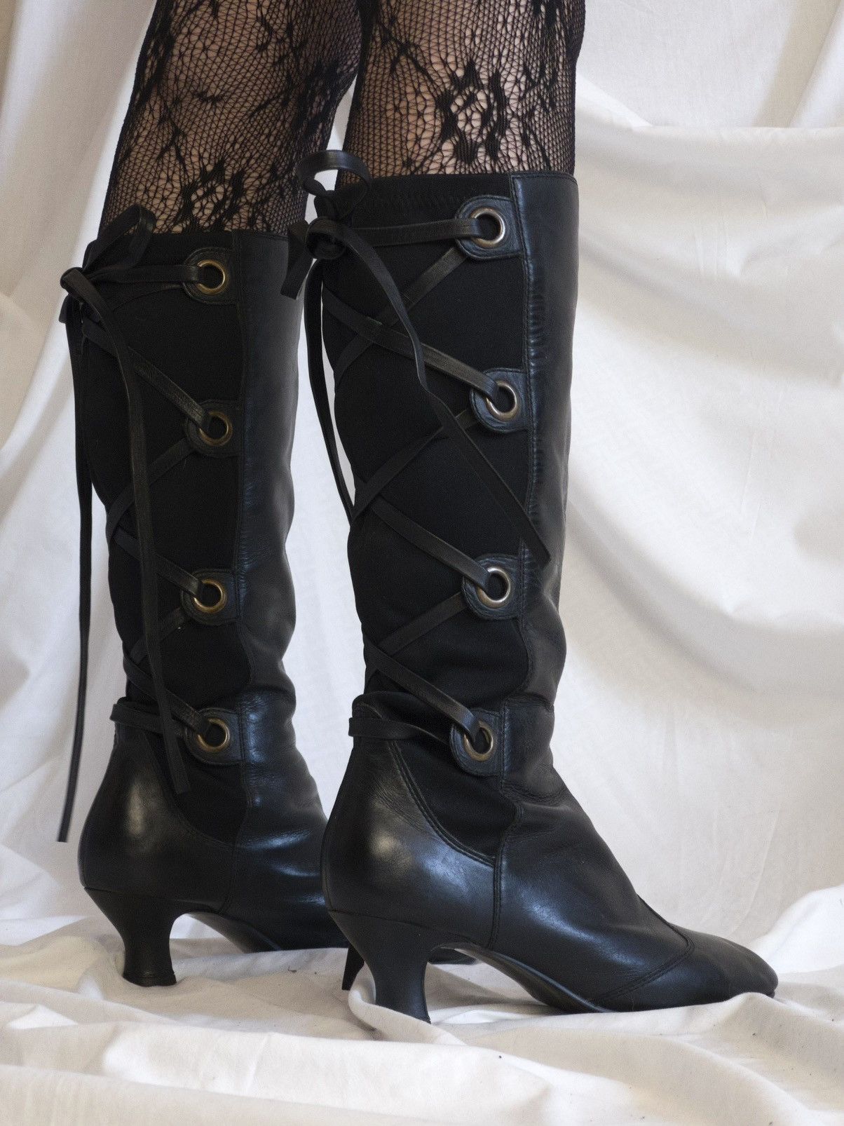 Vintage Black lace-up knee high boots with elastic back panel Size US 9 / IT 39 - 4 Thumbnail