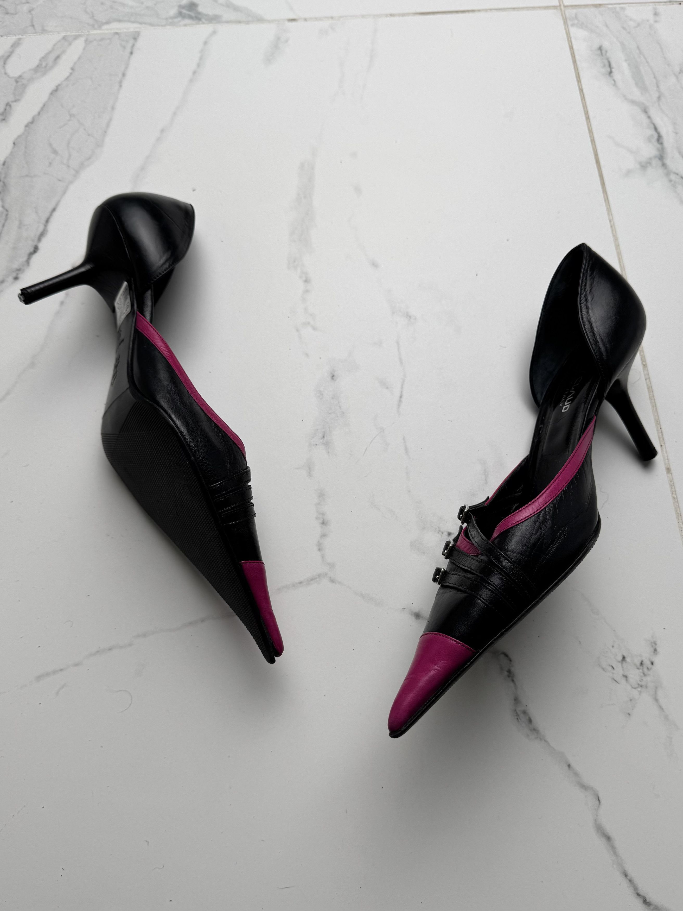 Other Vintage Black Pink Pointed Toe Stiletto Heels Buckle Pumps Size US 7 / IT 37 - 4 Thumbnail