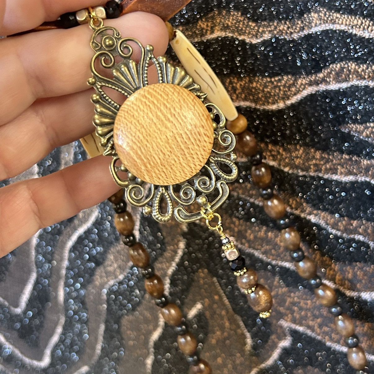 Handmade Handcrafted wood medallion filigree brass pendant necklace Size ONE SIZE - 8 Thumbnail