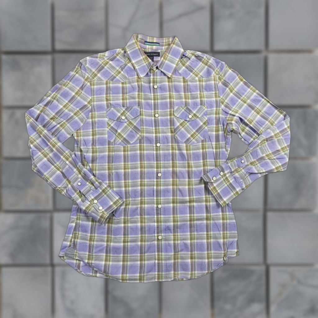 Banana Republic Banana Republic Shirt Men Medium Purple Western Button-Up Plaid Cotton Spandex Long Sleeve Non-Iron Casual Logo-free Mens Size US M / EU 48-50 / 2 - 1 Thumbnail